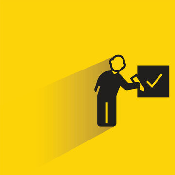 people writing check mark icon with shadow on yellow background