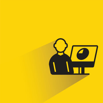 office worker monitoring pie chart icon with shadow on yellow background