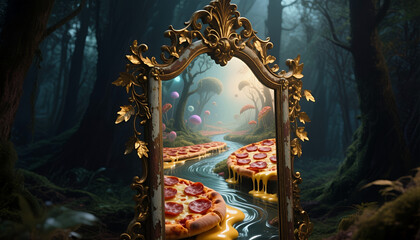 Fototapeta premium Surreal pizza landscape reflected in ornate mirror in enchanted forest 