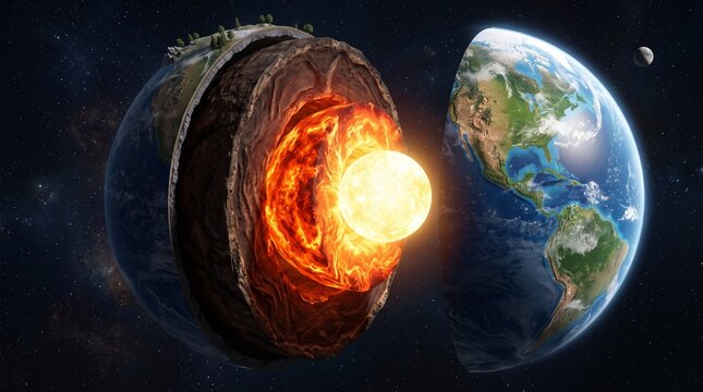 Planet Earth cross section in outer space showing glowing hot inner core and mantle layers.