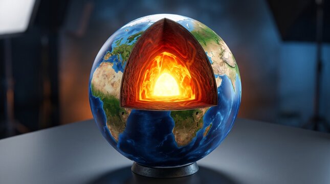 Cross section of planet Earth model showing glowing hot core mantle and crust layers structure.
