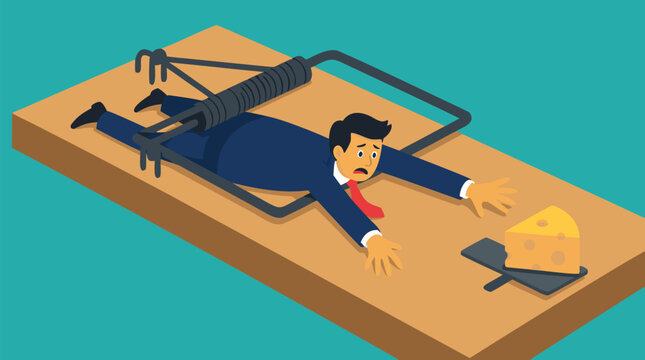 Desperate suited businessman pinned inside giant wooden mousetrap reaching desperately toward golden cheese reward symbolizing corporate risk greed ambition and dangerous business decisions in