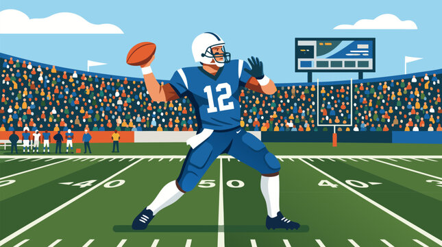 Powerful quarterback rearing back to launch a long downfield pass, flat vector American football illustration with crowded stadium, scoreboard, yard lines and game day intensity energy