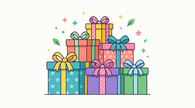 Cheerful stack of wrapped gift boxes with bows in pastel rainbow colors, festive stars, leaves and confetti, joyful vector illustration for birthdays, holidays and celebration designs