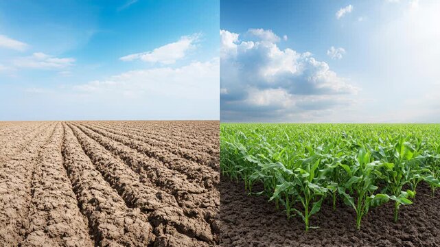 Side by side view showing the contrast between a barren, plowed field and a thriving corn crop