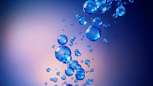 Stream of shiny blue soap bubbles rising through clear water against a purple and blue background