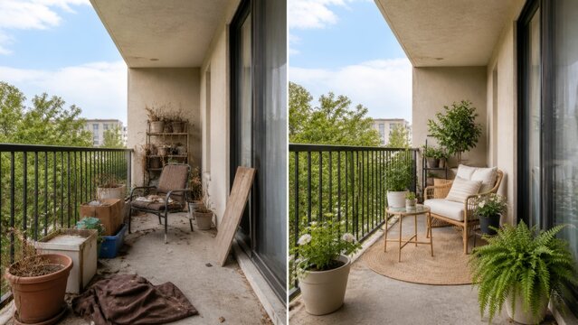 Neglected and cozy balcony comparison with seating and plants