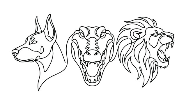 Continuous line art illustration featuring Doberman dog alligator and roaring lion head