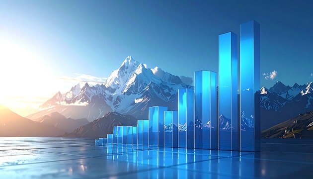 A serene mountain landscape with a futuristic blue bar graph