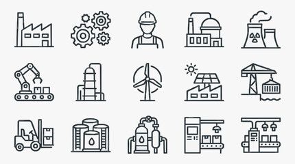 Fototapeta premium Corporate Line Icons Set Black and White Industrial Manufacturing Energy and Construction Illustrations