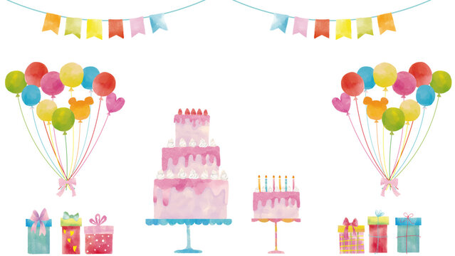 水彩風 かわいいハッピーバースティセット(ケーキ、ガーランド、バルーン、プレゼント) Happy Series:Cute Watercolor-Style Happy Birthday Set (Cake, Garland, Balloons, Presents)