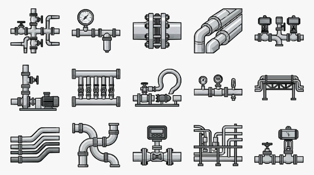 Minimalist Black and White Illustrations of Various Plumbing Fixtures and Valves for Technical Diagrams