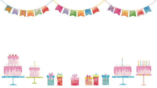 水彩風 かわいいハッピーバースディフレーム(ケーキ、ガーランド、プレゼント) Happy Series:Cute watercolor-style "Happy Birthday" frame (cake, garland, gifts)