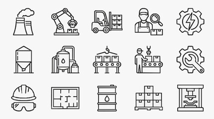 Fototapeta premium Minimalist Black and White Line Icons Set Featuring Industrial Manufacturing and Safety Equipment
