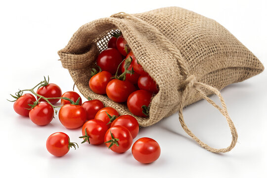 Cherry Tomato Sack, Burlap Bag Tomatoes, Fresh Cherry Tomatoes, Spilled Tomato Sack, Rustic Vegetable Bag