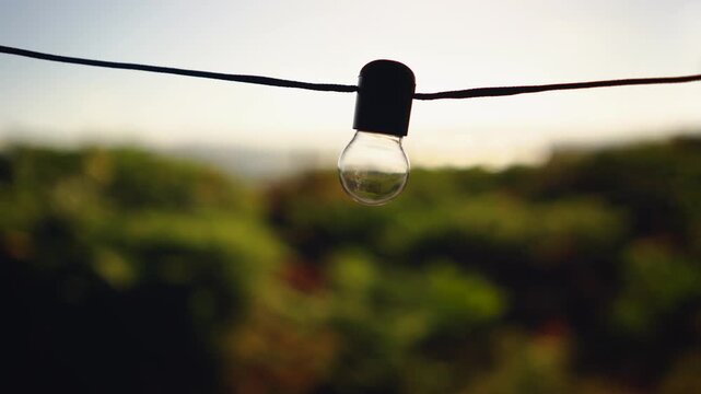 Van Life POV &ndash;String Light Bulb Close-Up of Looking Out Campervan Window at Ferns and Sparkling Sea