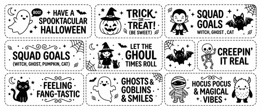 Cute halloween labels and stickers with spooky puns and characters