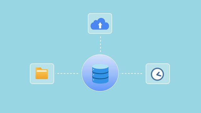 Flat vector illustration of a cloud database network with connected folder, cloud, and history icons, representing cloud storage, synchronization, data management, and digital workflow.