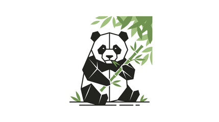 Minimalist giant panda eating bamboo branch among green leaves © nero