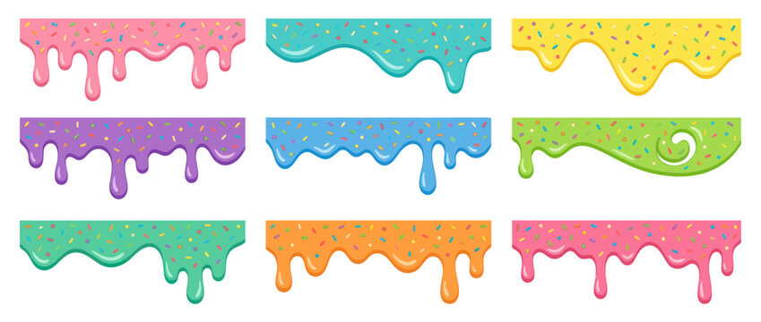 Colorful dripping frosting borders with vibrant sprinkles set