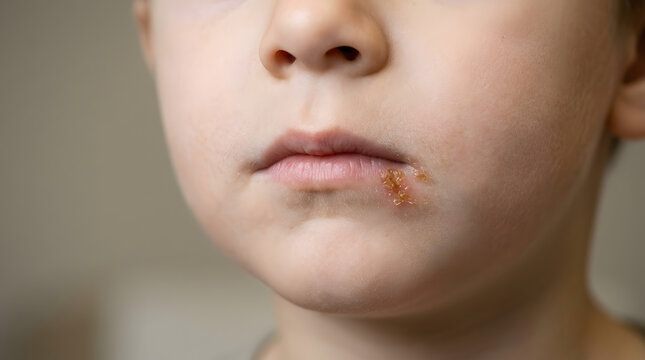 Close up of a child lower lip with cold sore or herpes simplex virus blister, medical concept for pediatric skin infection, mouth ulcers, and stomatitis.