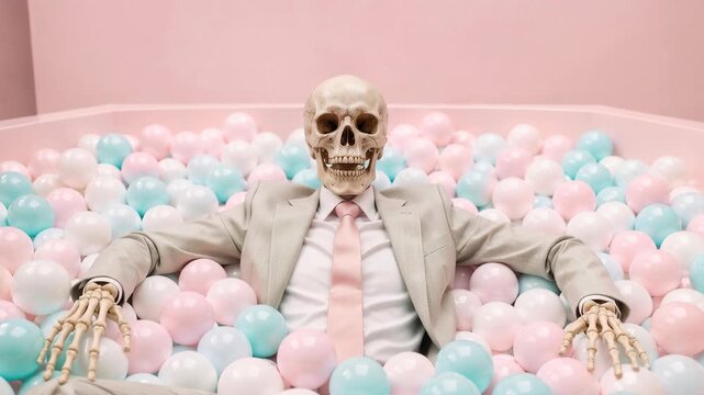 Skeleton in a suit relaxing in a pastel ball pit. A humorous and surreal scene featuring a skeleton dressed in a suit submerged in a vibrant ball pit