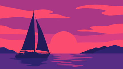 Fototapeta premium Serene sailboat silhouette vector on calm water at vivid pink and purple sunset, with glowing sun, distant mountains, reflective waves, and dreamy coastal travel vacation escape atmosphere