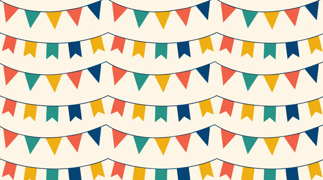 Seamless repeating bunting banner pattern with colorful pennant flags on warm textured paper background, festive party decoration vector tile for celebrations and invitations stationery