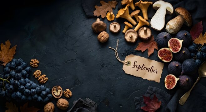 Autumn harvest with figs, grapes, wild mushrooms and September tag