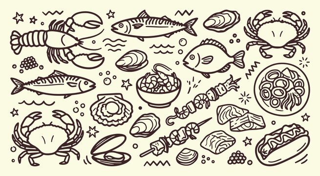 Hand drawn seafood doodle collection featuring fish, crab, lobster and shellfish icons for restaurant menu design