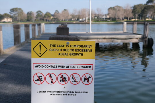 A public warning sign at a lake reads, "THE LAKE IS TEMPORARILY CLOSED DUE TO EXCESSIVE ALGAL GROWTH. AVOID CONTACT WITH AFFECTED WATER," and warning prohibiting activities in Melbourne Australia