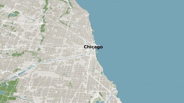 Zoom out on the map of Chicago City in Illinois, with text. Cinematic 3d city map animation, aerial views, documentary, tourism, and travel. 4k