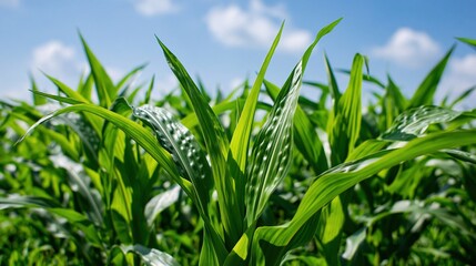 Obraz premium Vibrant green corn stalks under a bright blue sky with fluffy white clouds, highlighting agricultural growth.