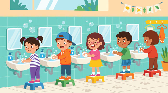 Cheerful children washing hands at classroom sinks, bubbly hygiene routine in bright school bathroom, cute diverse kids practicing cleanliness, health safety and germ prevention vector illustration