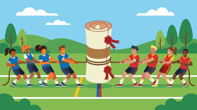 Two diverse business teams playing tug of war over a giant rolled contract scroll, energetic negotiation competition metaphor for legal disputes, teamwork, rivalry, agreement and corporate conflict