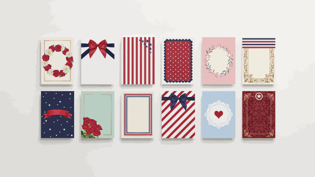 Ten rectangular cards with varied ornamental patterns and color schemes displayed on a white background paper stationery greeting invitations