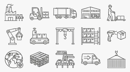 Fototapeta premium Professional Black and White Line Icons Set Featuring Industrial Logistics Warehouse Operations and Global Supply Chain