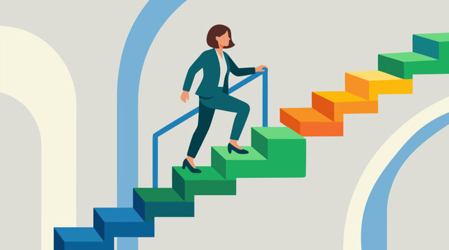 Ambitious businesswoman in suit climbs a colorful self-building staircase, symbolizing career growth, leadership, progress, opportunity, resilience, and step by step success in modern corporate life