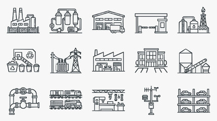 Obraz premium Minimalist Black and White Line Icons Set of Industrial and Manufacturing Facilities Equipment and Vehicles