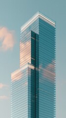 Obraz premium Modern Glass Skyscraper Reflecting Sky and Clouds in a Clear Blue Day