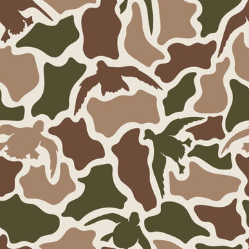 Seamless mallard duck camouflage pattern. Flying waterfowl silhouette camo vector background. Old school hunting design for apparel and crafts.