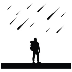 Man silhouette with backpack watching meteor shower in sky, minimal line art vector illustration. © NAZMUN