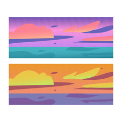 Obraz premium Minimal abstract sunset and sunrise landscape collection. Modern flat vector backgrounds with sea, sky and horizon for nature, travel, summer, wellness and wallpaper concepts.