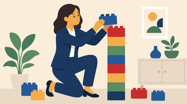 Confident businesswoman in navy suit assembling colorful interlocking blocks into a tall tower, symbolizing strategy, leadership, teamwork, growth, planning, innovation and career success