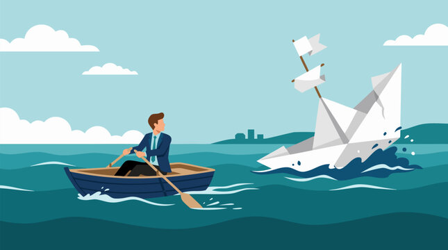 Businessman in suit rowing small wooden boat away from sinking paper ship, powerful corporate failure metaphor in clean vector illustration depicting escape from collapsing company or failed venture.