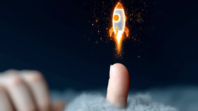 A rocket launching from the tip of a finger provides an inspiring backdrop for start-ups  innovation and the realisation of bold ideas.