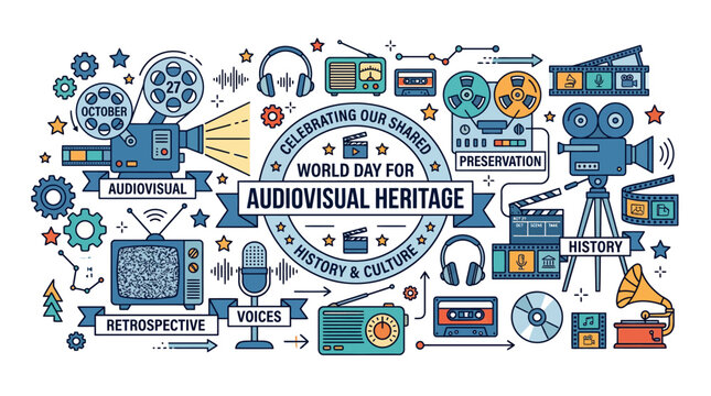 World Day for Audiovisual Heritage illustration with vintage media.