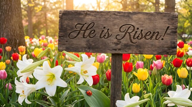 Rustic wooden sign featuring the engraved words he is risen displayed prominently above a vibrant spring garden filled with colorful tulips and white lilies under the warm bright morning sunlight.