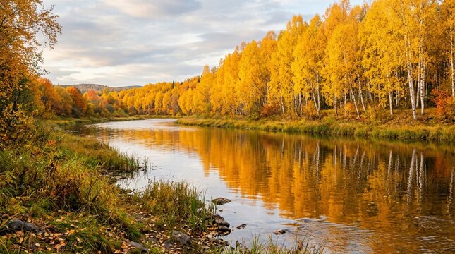 Serene autumn riverbank landscape featuring vibrant golden-yellow birch trees with perfect mirror-like water reflections, tranquil natural scene showcasing fall foliage, peaceful flowing river, and