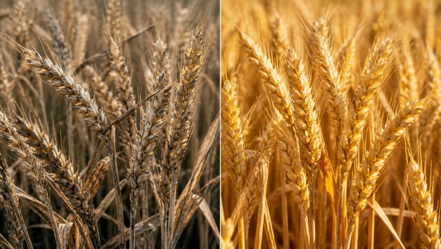 Withered versus healthy wheat ears in warm field sunlight